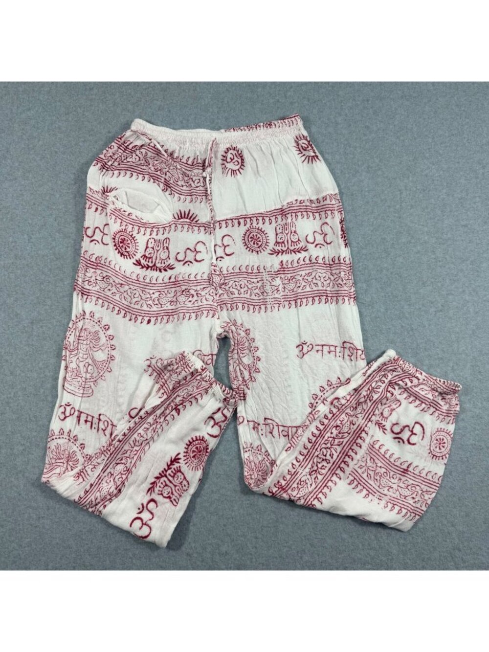 Boho Om Print Women's W24 L23 White Red Wide Leg Sheer Beach Lounge Pants